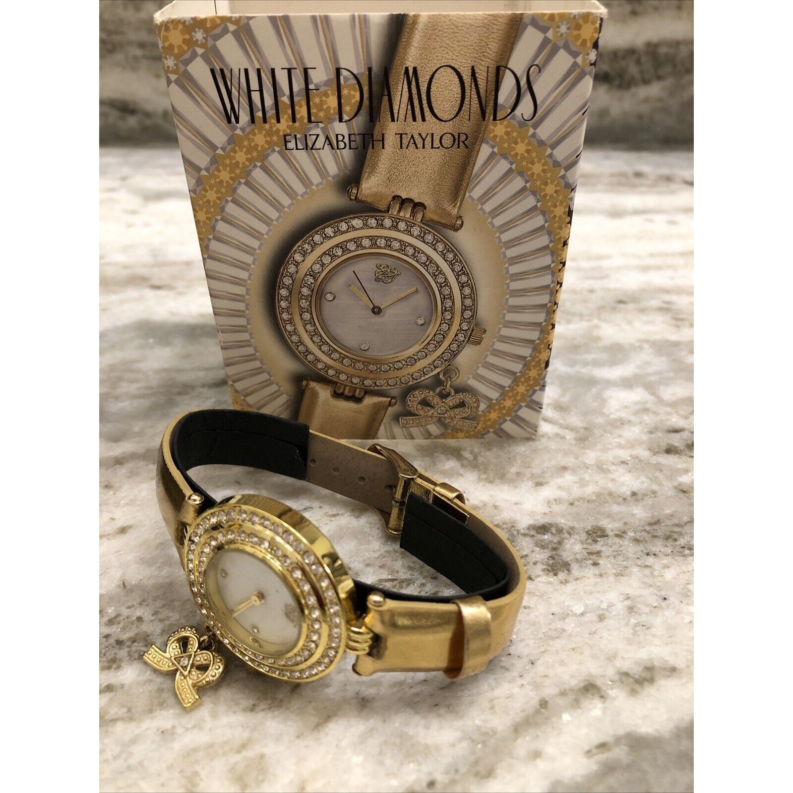Elizabeth Taylor White Diamonds Watch Gold Tone Band Crystal Bezel